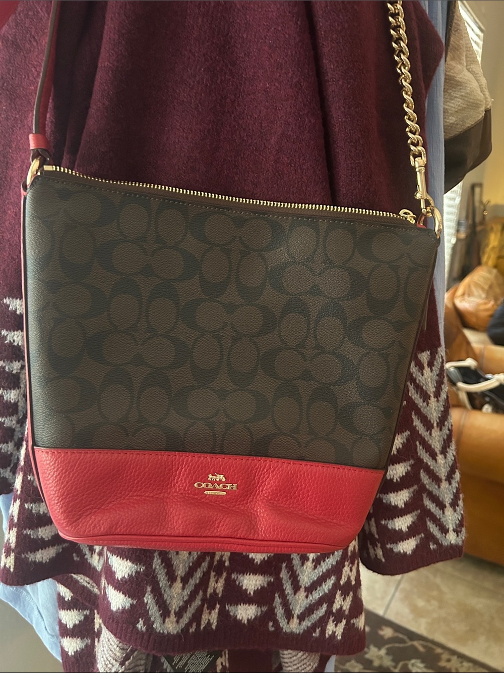 Coach Brown Signature Canvas Crossbody with Red Leather Trim VGUC
